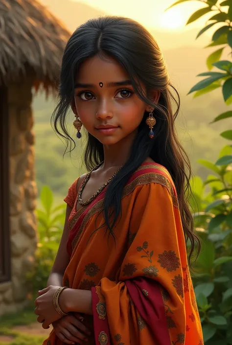 ""A realistic portrayal of a Sri Lankan village girl, resembling a living goddess. She has an innocent and captivating expression, with natural features like almond-shaped eyes, smooth brown skin, and long, jet-black hair. Her traditional attire, a vividly...