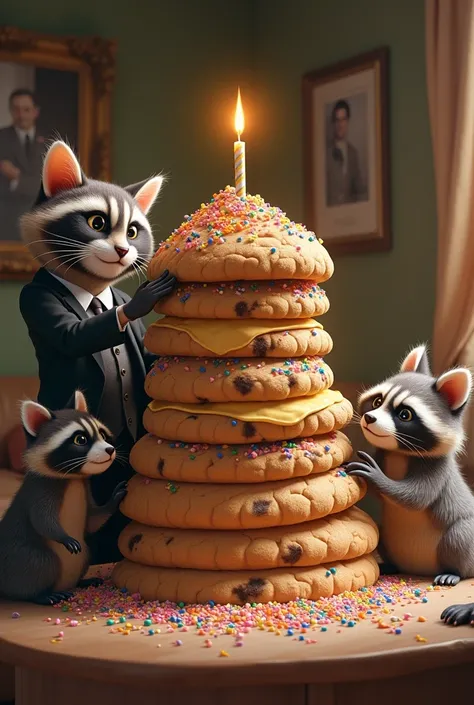  (A cat wearing a suit with racoon friends)They craft a giant cookie cake, complete with sprinkles and a candle, turning the party into a huge celebration.