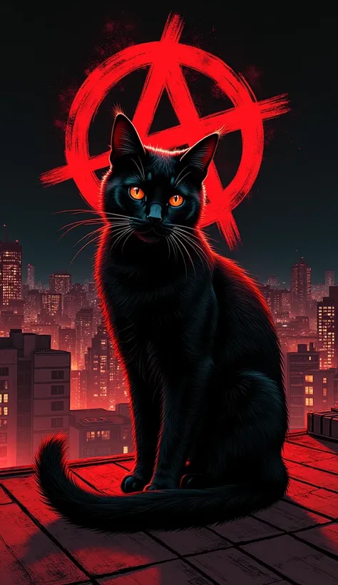 The image shows a hyper-realistic illustration in red and black ink of a beautiful black cat, with the "A" for anarchy, on a rooftop on a dark night in Bogotá. Super resolution, super quality.
