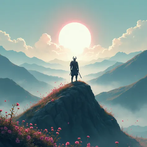 Create me a lot of defeated and fighting Samurais and let one be left up on the mountain looking and with a lot of Aura around with a Japanese landscape with pink flowers Roblox