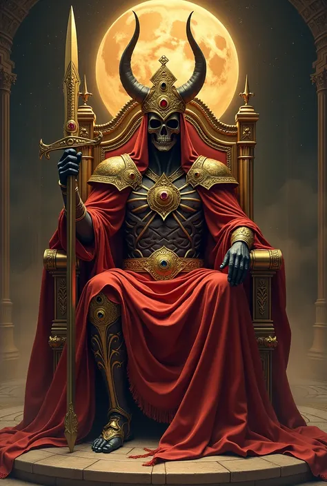 I want an image of Saint Death sitting on his throne on the planet Saturn inside his palace showing all his glory and power sword in hand and having a scale at his feet , Let there be a lot of gold and precious stones 