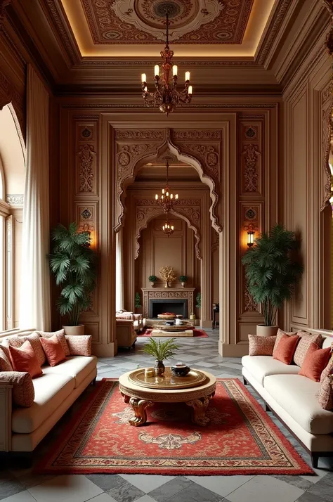 A living room of a house made out of arabic architecture 