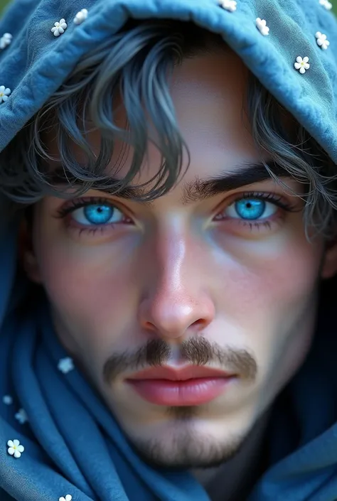 (photorealism:1.2), (photorealism:1.2),A hyper-realistic an extraordinarily handsome  20 years old wizards man embodying the allure and symbolism of Blue Alpine Forget-Me-Nots, representing loyalty, faithfulness, and everlasting love.

His eyes are a stunn...