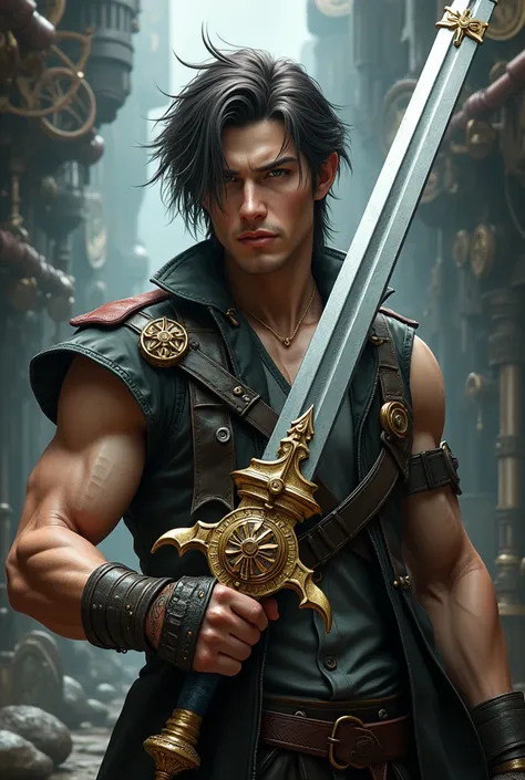 Create final fantasy style: a handsome Artisan Man with a Steampunk sword 