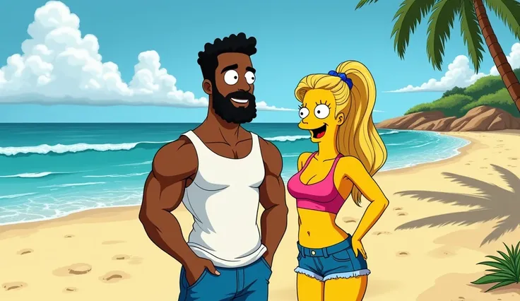 black man, bearded,  wearing sleeveless t-shirt and shorts;  next to a blonde woman , wide hipped, wearing pink top and short denim shorts ; on a beach. Simpsons mode.