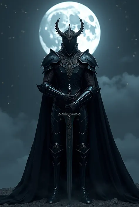 A shining black armored idol knight in the dark of night, watching the stars and the full moon, wearing a crown-like black insider hat with a black cloak and a sword plunged into the darkness of the night on the ground, is the front view. 