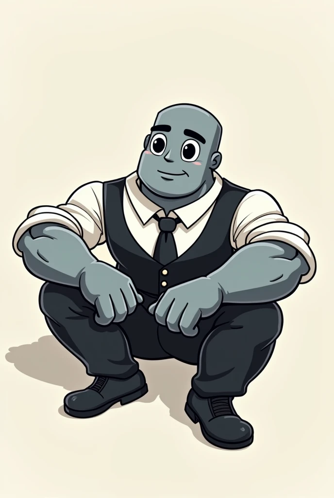 Gray Male robot, muscular, in cartoon, wearing his black waistcoat with white shirt and white sleeves around him, with a black tie on it, wearing his black pants, wearing his black shoes, sitting down, kicking his feet