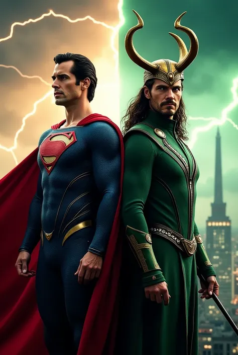 The image shows Superman and Loki standing side by side, creating a dramatic contrast between their characters. Superman, clad in his iconic blue suit with a red cape flowing behind him, radiates power and virtue, his S emblem prominently displayed on his ...