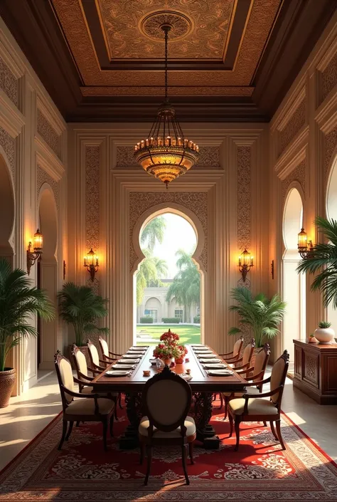 A dining room of a house made out of arabic architecture 