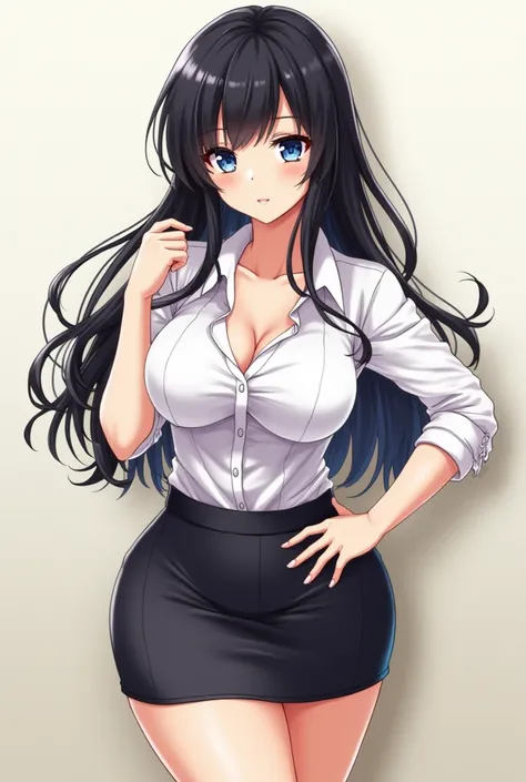 anime girl with black hair and blue eyes, with voluptuous body big juicy breasts a plump fat ass and thick thighs, short skirt and a tight blouse