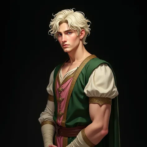 16-year-old man,  white blond hair with soft curls,  handsome yet apathetic face , large and muscular body ,  dressed in luxurious and medieval clothes with bare arms,  colors green and pink in her dress .  dark background.