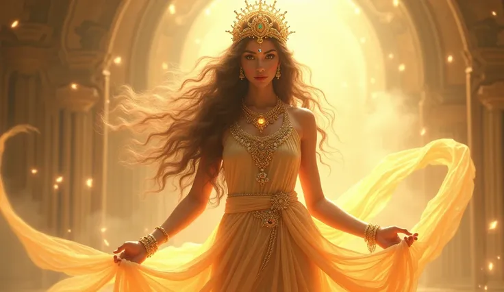 A celestial nymph with an ethereal glow, Menaka is depicted as a beautiful woman with flowing, wavy hair cascading past her shoulders. She wears a golden crown adorned with pearls and jewels. Her attire is a sheer, flowing, golden silk sari with intricate ...