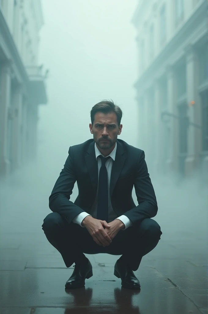 A man in a suit sits in a half-squat in a foggy assistant 