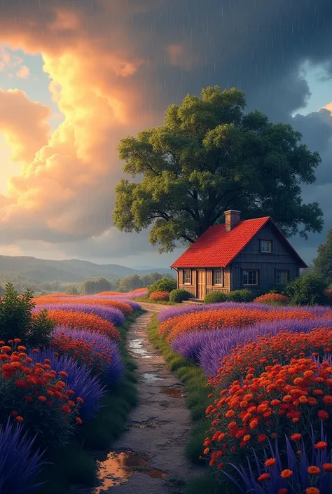  a landscape Createof a serene countryside scene during a gentle summer rain. A cozy cottage with a red roof is nestled near a large, lush green tree. The sky is filled with dramatic, billowing clouds in vibrant shades of orange and yellow, illuminated by ...