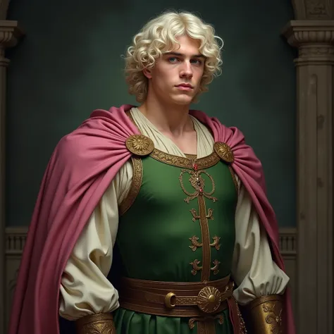 16-year-old man,  white blond hair with soft curls,  handsome yet apathetic face ,  large and wide body , dressed in luxurious and medieval sleeveless clothing, in green and pink colors .  Castle background , dark.