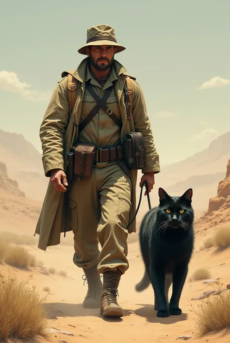 a man walking dressed as a soldier wearing a hat walks with a big cat in black desert background 