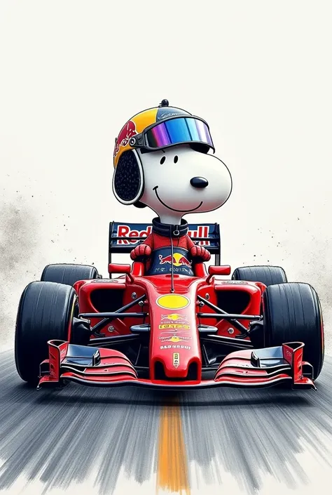 Snoopy in a red bull ,  race car wearing Max Verstappens red bull uniform , The image in a pencil drawing version with colors, bottomless, The black car