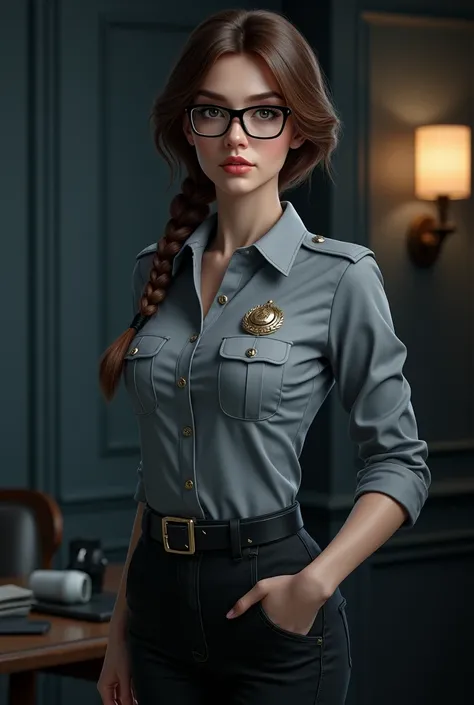 A gorgeous female detective, black rayon long sleeve polo button down, grey with belt and badge, black flat shoe, low braid hairstyles, black ginger hair color, brunette, square eyeglasses, standing in office, night, portrait