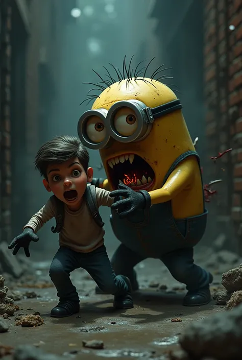 a scary minion attacks a person