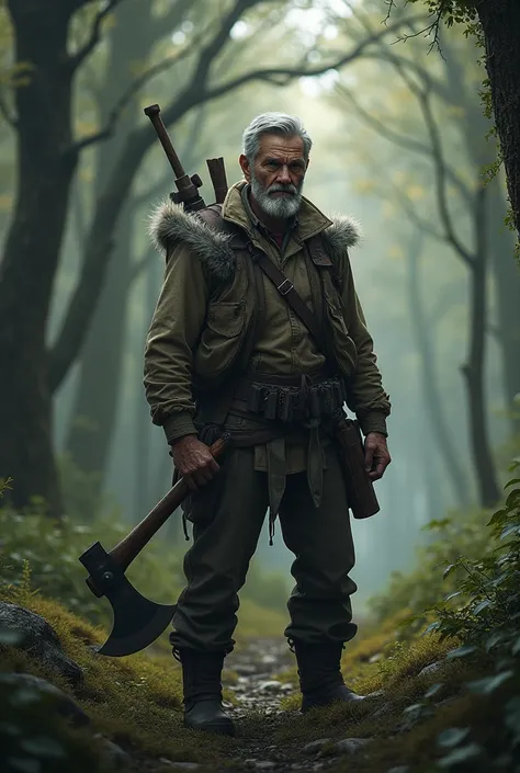 An adult hunter with an axe in his tender hand