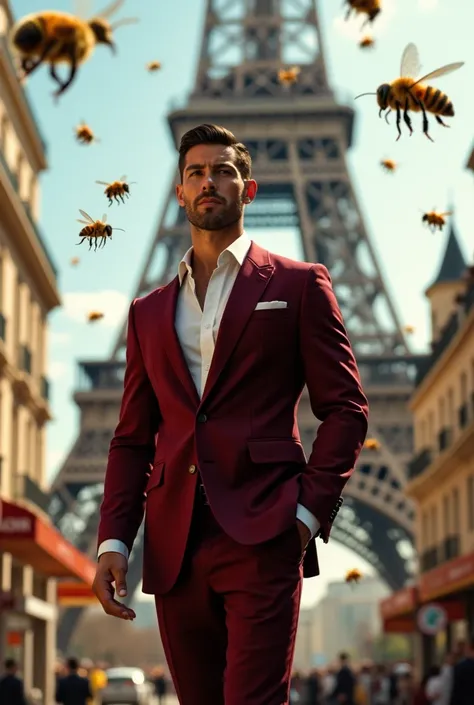 Handsome man is standing on the street dressed in burgundy clothes, there are bees all around him. Behind him is the Eiffel Tower. 