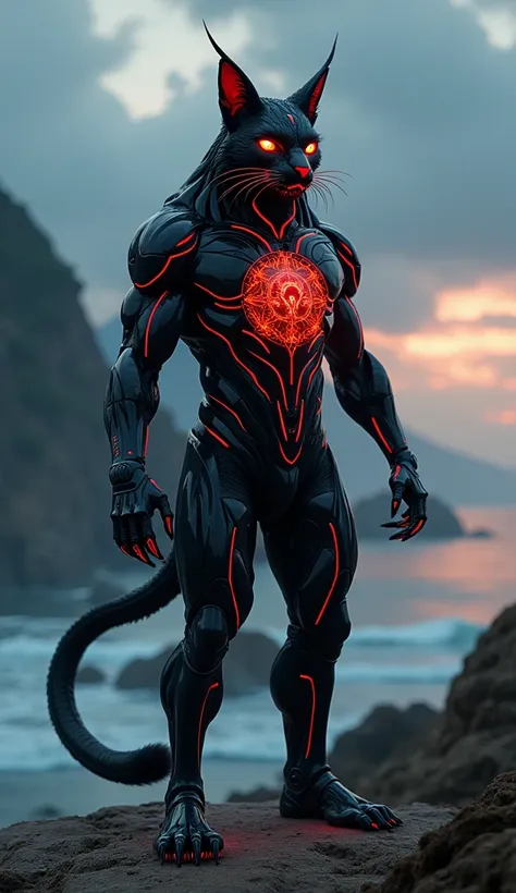 ChatGPT

You said:
Create an image of a humanoid lynxes hybrid with a muscular and intimidating physique. The creature has a lynxes like face with glowing red eyes and body of lynxes that shimmer in black tones. Its body is marked with glowing black energy...