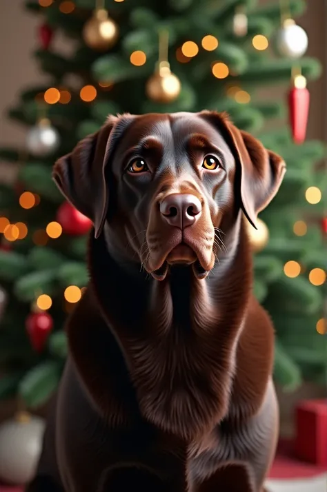 Labrador couleur chocolat devant un sapin de Noël 