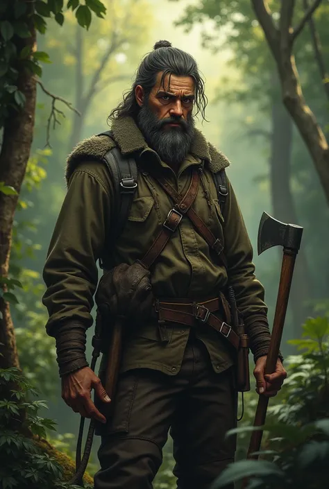 An adult hunter with an axe in his hand. that looks tender 