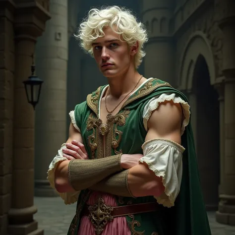 16-year-old man,  white blond hair with soft curls,  handsome yet apathetic face ,  large and muscle body , dressed in luxurious and medieval sleeveless clothing, with arms exposed, in green and pink colors .  Castle background , dark.