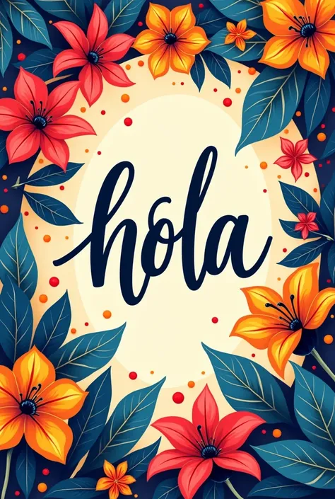 Create an image that shows the word “Hola” in elegant calligraphy. The word is surrounded by festive colors.