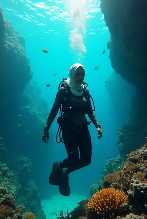  Diving girl.  On diving clothes. Muslim woman wearing a headscarf . no hair visible. in Egypt