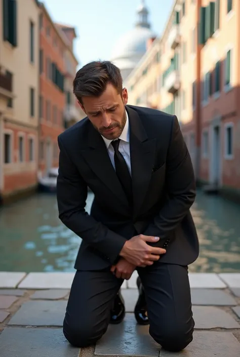 Venice in Italy，charming and sexy german man. black suit，black tie，black socks, black leather shoes. mans crotch testicles hurt a lot，Kneeling on the ground， holding their crotch testicles with two hands，grab the crotch testicles with both hands. 