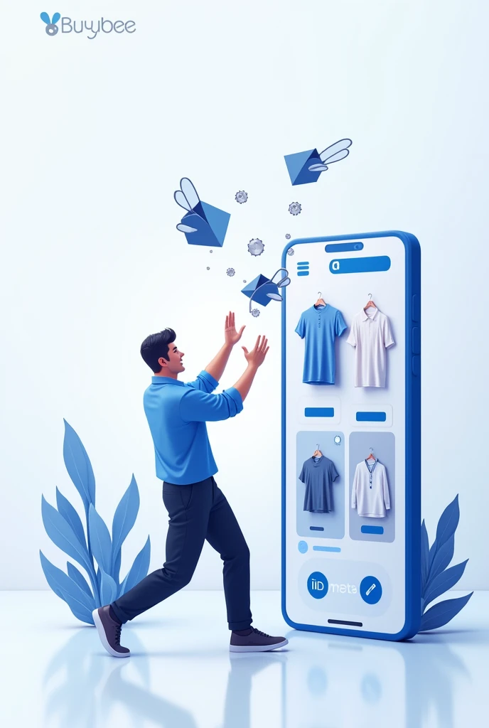 A guy shaking mobile and in mobile e-commerce application open with the name of BUYBEE and watches shoes shirts clothes jewelries are coming from Mobile 
Application must be white and blue and free shipping on sign up 