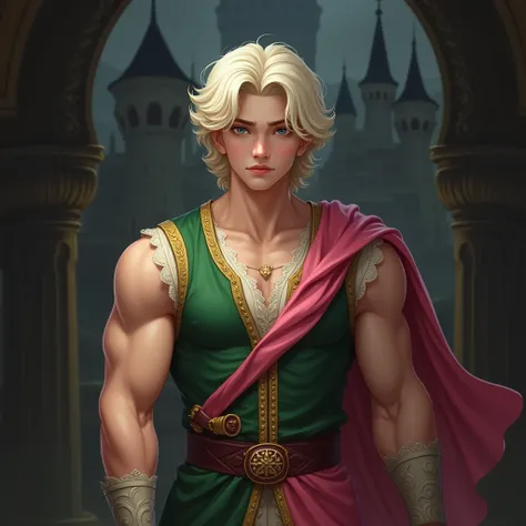 16-year-old man,  white blond hair with soft curls,  handsome yet apathetic face ,  large and muscle body , dressed in luxurious and medieval sleeveless clothing, wearing a tank top with arms exposed, in green and pink colors .  Castle background , dark.