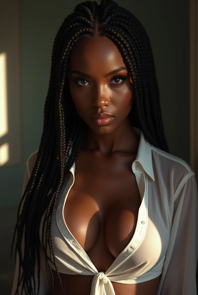 a black woman with long braided hair ,  light brown eyes , sexy look, mouth full,  dimples on the left cheek ,  her breasts highlighted under the transparent white blouse because she was wet with sweat, hyper-realistic, 8k,  highly detailed ,  cinematic li...