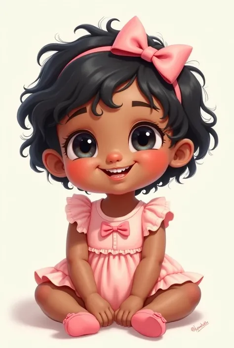 Create a drawing of a baby wearing a pink dress with a bow ,  with short wavy hair in the color black with a pink bow, On the feet a little pink shoe , with brown skin, smiling with two little teeth showing 