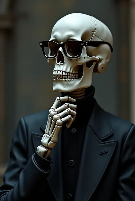 skeleton wearing glasses looking to the side thoughtfully in a black outfit Just bring the image a little closer so that the chest appears upwards.