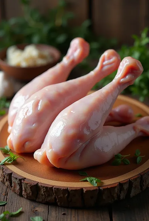 Raw chicken legs on top of a wooden tray
