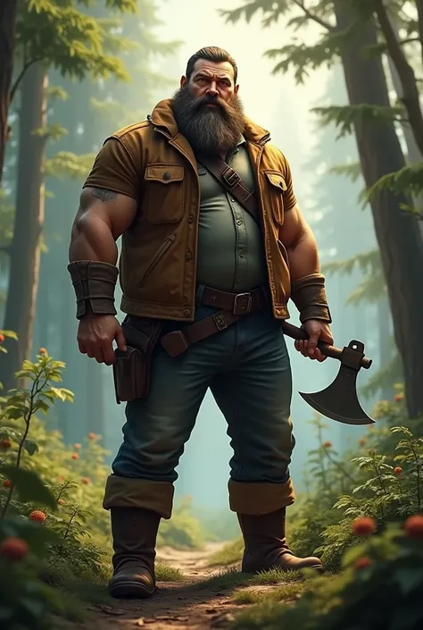 A tall hunter with a cuddly beard holding an axe in his hand