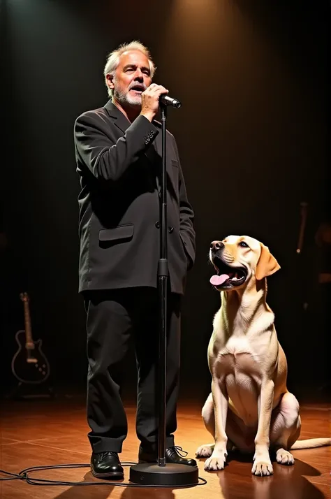 Michel Sardou on stage with a yawning Labrador sitting at his feet