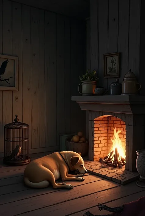 In the house there is a fireplace, there is a sleeping dog and a bird that is caged. It is scary and realistic.