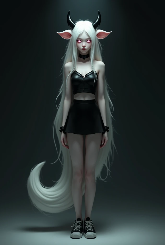 Appearance: snow-white skin , white hair, light pink eyes ,a black top with a neckline, black sneakers ,black mini skirt, a cows tail ,And cow ears , black background,fly away