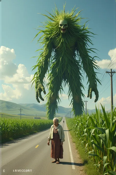 A poor old woman making a big great monster out of green corn on highway road 