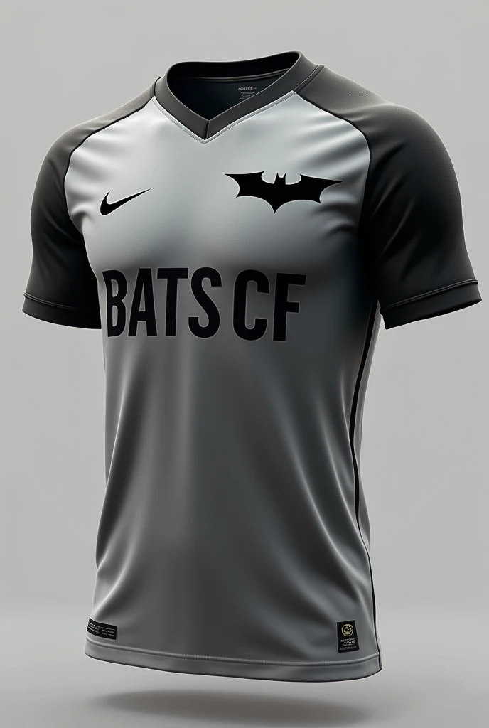 A football jersey of colour grey
With  batmans latest logo on top right of colour black
No logo on left
Bats cf in the middle of colour black
Written as it is