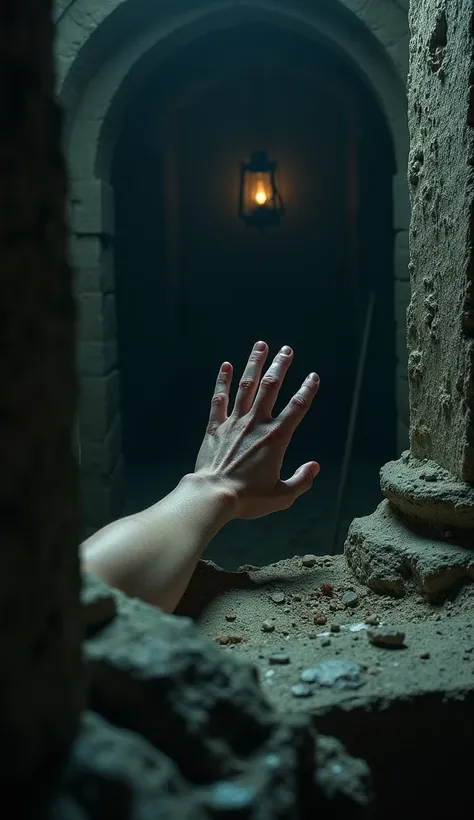 Visible viewpoint from inside the tomb ,  with the hand of a woman trying to claw at the dark ground,  while the light of the last lantern from outside slowly fades .