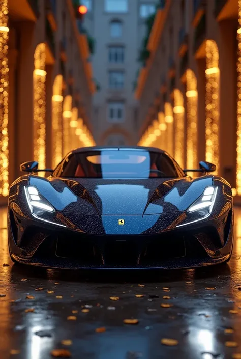 an ultra realistic image of a limousine car for 20 people ,  Ferrari concept car in the color navy blue with bright and well polished gold details and friezes with elements from Italy in the year 2300 arriving at a gala event in the evening,  side and fron...