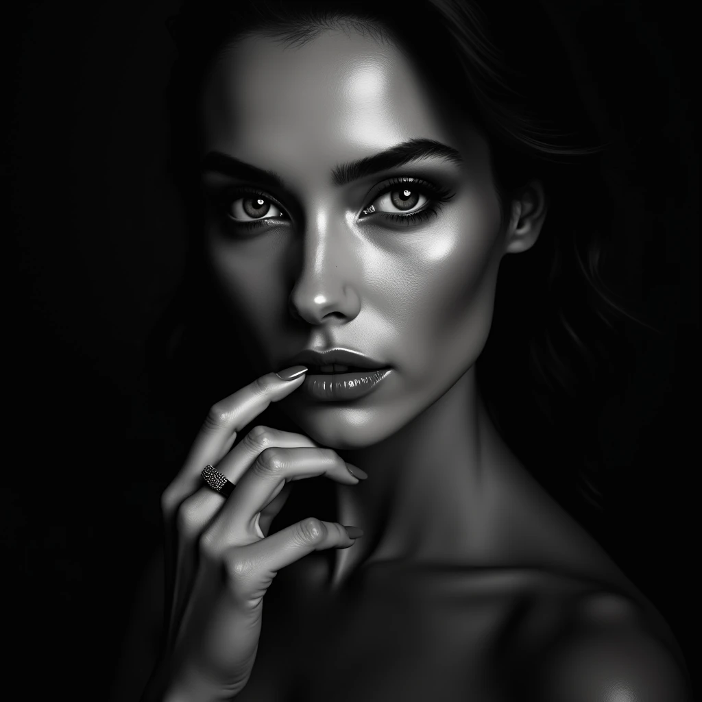 arafed black and white photo of a woman with a ring on her finger, perfect face and eyes, face like ester exposito, seductive eyes and face, close-up perfect face, !seductive eyes and face!, extremely beautiful face, with gorgeous detailed eyes, detailed a...