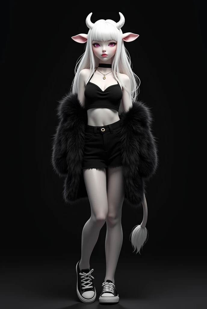 Appearance: snow-white skin , white hair, light pink eyes ,a black top with a neckline, black sneakers ,black mini skirt,a black fur coat, a cows tail ,And cow ears , black background,Cute half human