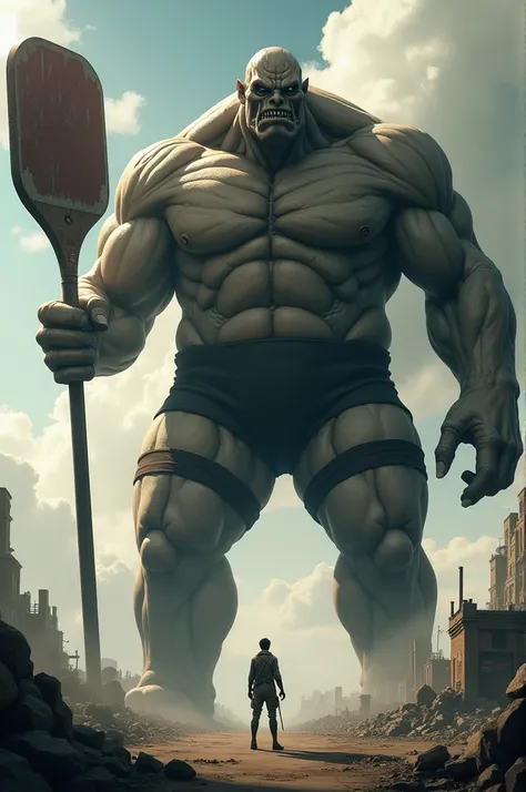 A giant from the TV serie: "attack on titan" with a padel racket in one hand