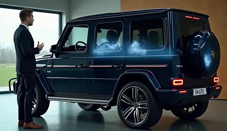 The host highlights the key features, standing by the vehicles side. As they speak, the camera cuts to different angles of the G-Class, such as its advanced safety features, locking differentials, and adaptive suspension system. Each feature is visually de...